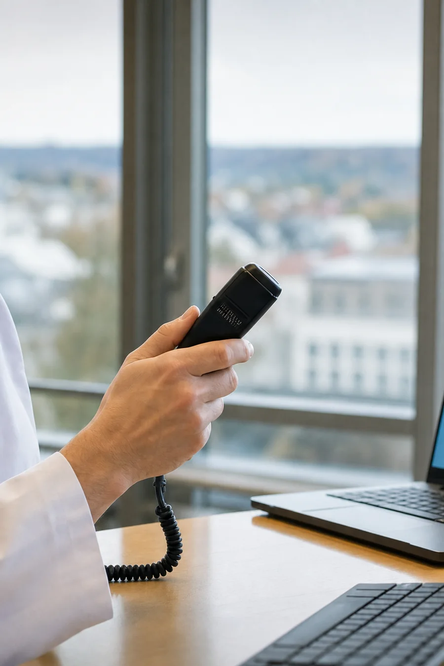 Hand mit Diktiermikrofon an einem Schreibtisch am Fenster