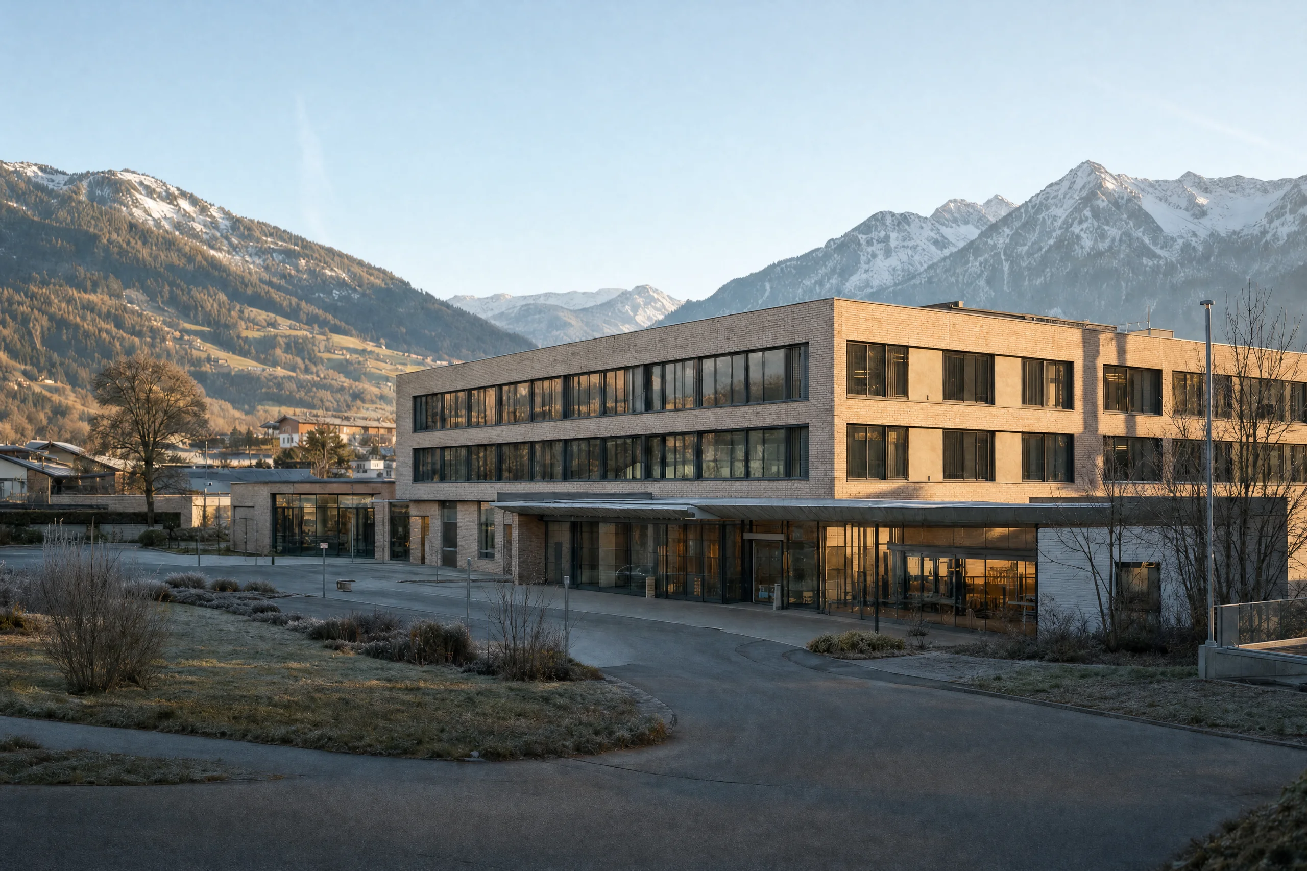 Regionales Krankenhaus in einem Alpental im Morgenlicht