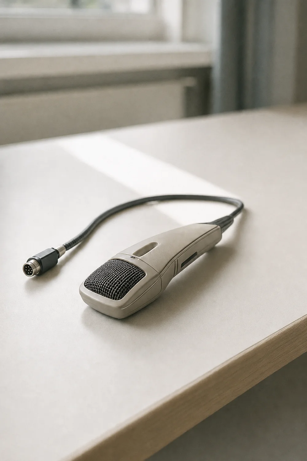 Diktiermikrofon mit abgezogenem Kabel auf einem leeren Schreibtisch